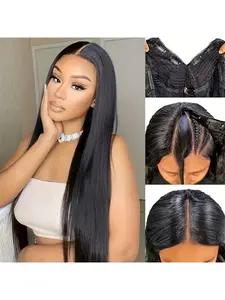 V Part Straight Human Hair Wigs Glueless Wig, No Leave Out Full Head Clip In Half Wig with V Part, Premium Human Hair Wigs Easy to Style, No Glue Needed, Beginner Friendly Gifts for Women Girls