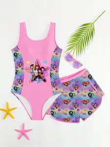 Girls' Cartoon Print Swimsuit Set, Rainbow Gradient Tank Top & Swim Pants, Cute Slim-Fitting Bathing Suit, No Zipper, Without Collar