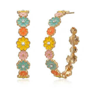 Women's Alloy Colorful Enamel Flower Hoop Earrings - C-Shape Rhinestone Floral Hoop Earrings, Cute Costume Jewelry Gift for Daily, Party Use, Earring For Women, Colorful Earring Stack,summerwins