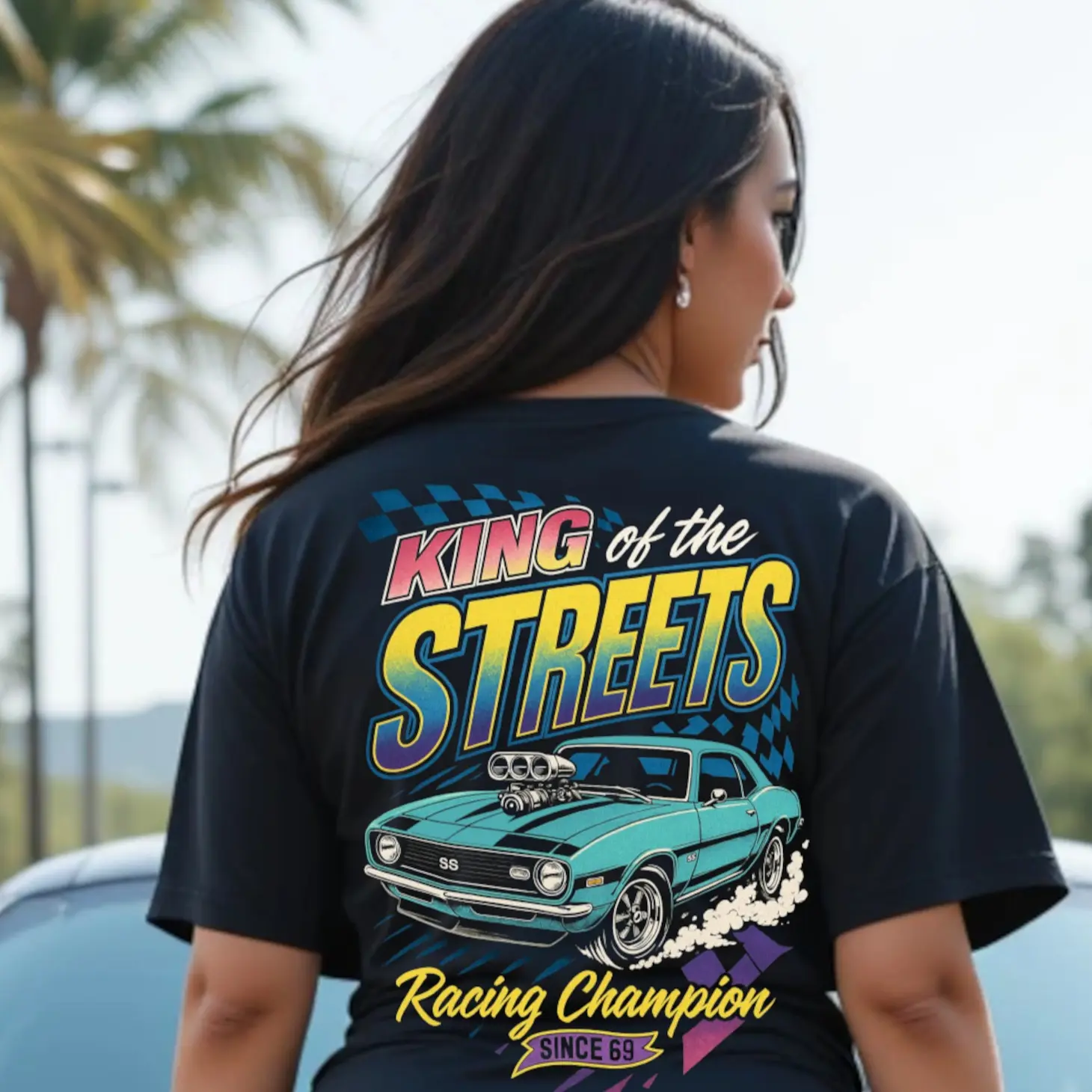 Retro "King of the Streets" Muscle Car Racing Champion Camaro Graphic Tee - Vintage Style Street Racer Shirt 100% Ring-Spun Cotton Soft Comfortable Double Stitching Durability