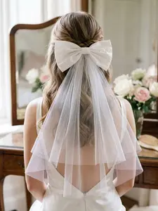 Bride Pearl Bow Hair Clip Trailing Veil, Sweet Elegant Large Butterfly Knot Double Layer Net Wedding Headpiece, Marriage Registration Photo Party Accessory