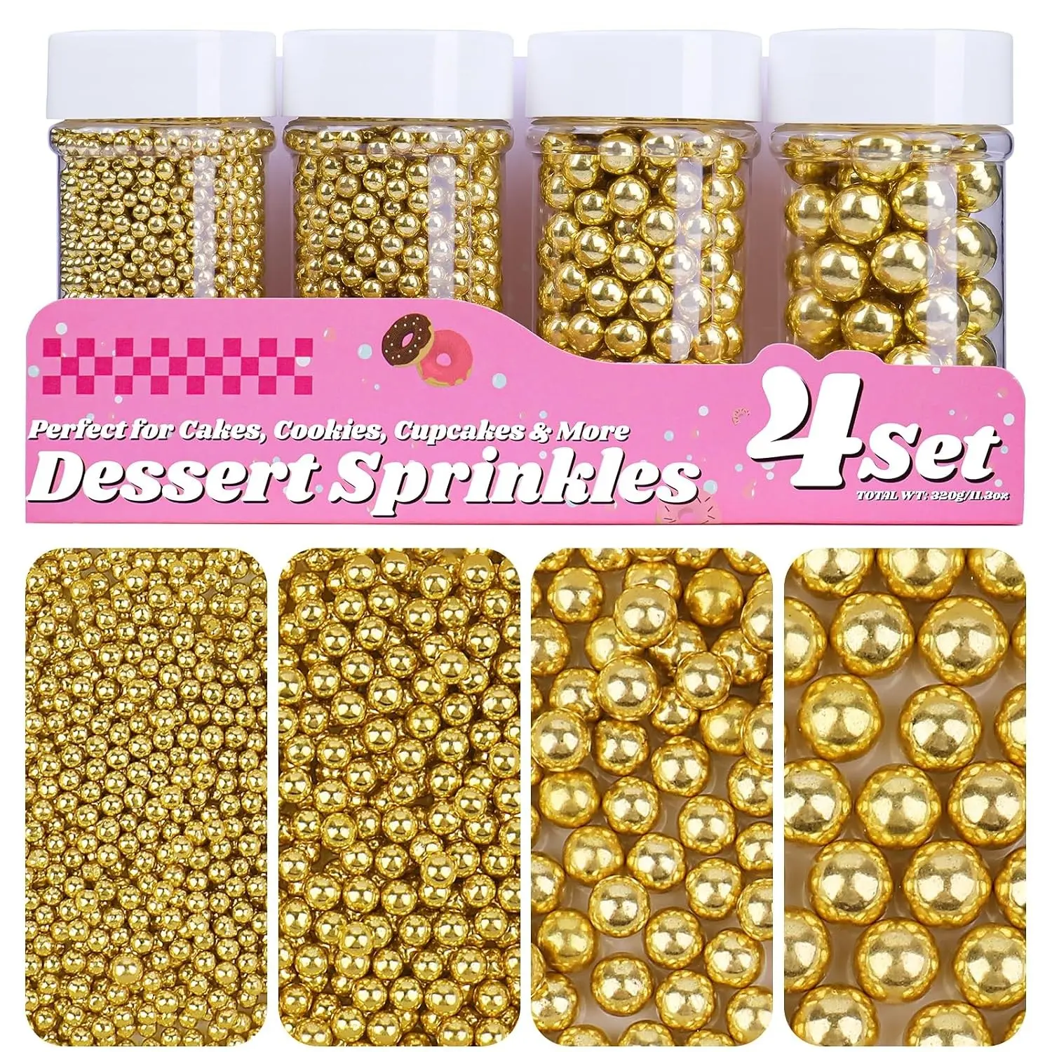 Gold Pearl Sprinkles for Cake Decorating, 11.3oz/320g Edible Pearls Sugar 4 Jars Set for Baking Cupcakes Cookies Ice Cream