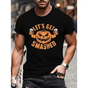 GET SMASHED, Halloween Pumpkin Beer Men's Crew Neck Short Sleeve Tee Shirt, Casual Comfy Lightweight T-shirt Tops, Summer Versatile Outfits Clothes