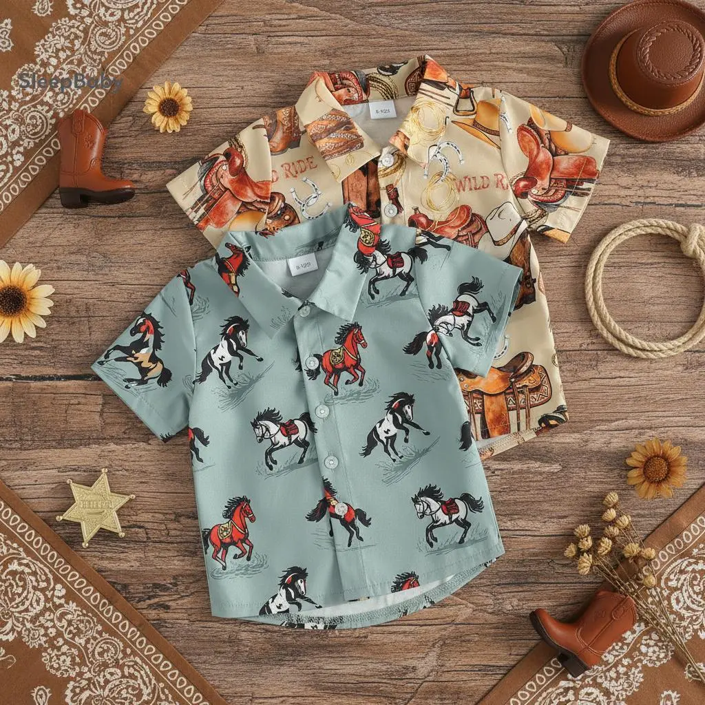 Baby Boys' Polyester-Viscose Western Short Sleeve Horse/Boots Print Button Down Graphic Tops - Toddler Formal Lapel Casual Lightweight Summer Shirt, Toddler Shirts, Buttoned Top, Male, Collared Neck, Lightweight Cut, Hand-Wash Care, 12 - 18 Months