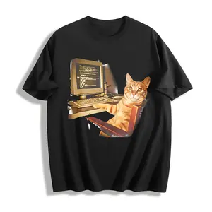 Funny Office Cat Working at Computer Heavyweight Washed T-Shirt Oversized Unisex Vintage Meme Tee DTG Print Cotton