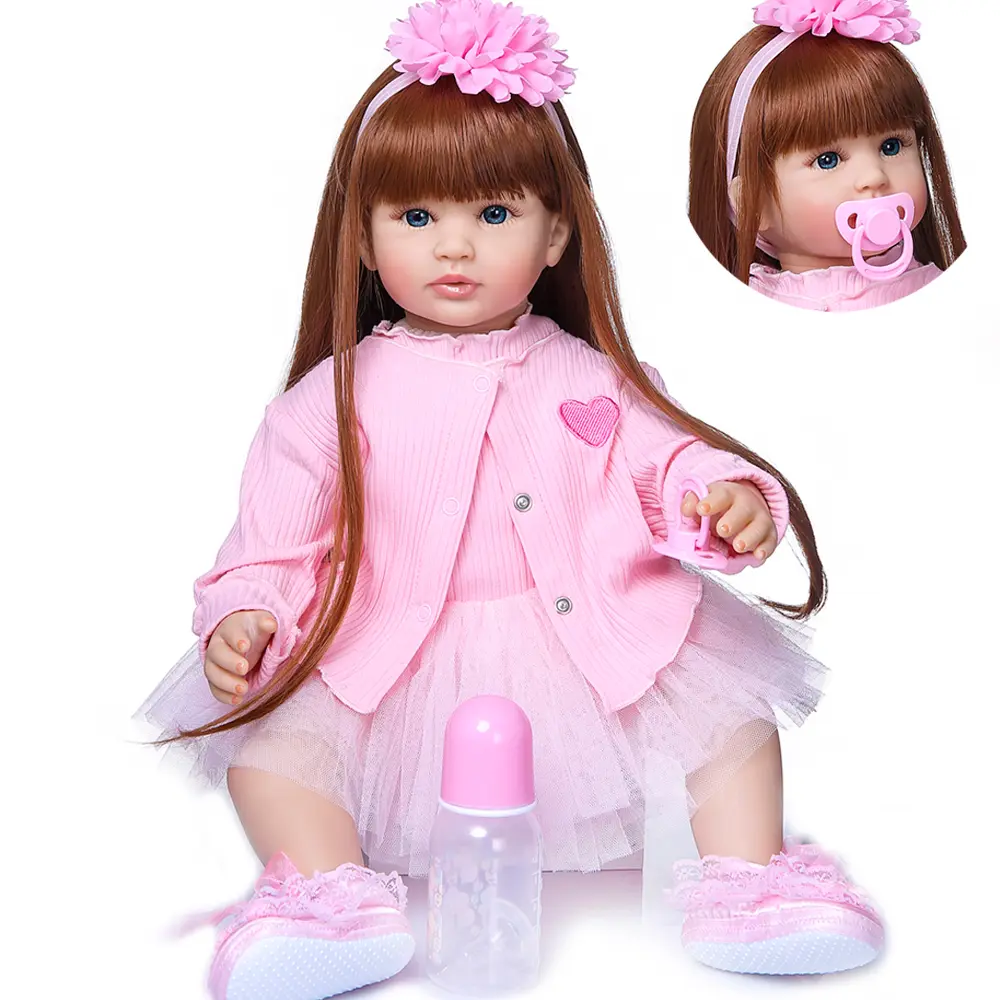 Realistic Reborn Toddler Baby Dolls Girl 24 Inch Newborn Baby Doll Long Hair Soft Cloth Body Adorable Lifelike Toddler Dolls with Beautiful Princess Dress
