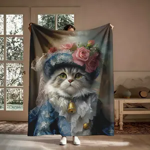 Elegant Floral Cat Flannel Blanket, Super Soft Warm Artistic Cat Throw, Perfect Gift for Cat Lovers, Suitable for Couch Travel Nap, Cozy Bed Blanket