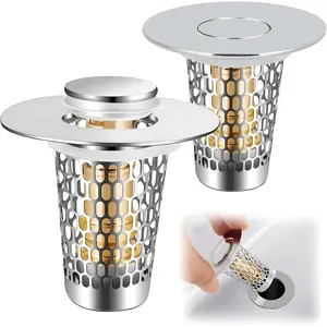 2 Pack Pop-Up Sink Drain Stopper with Strainer Basket, Anti-Clogging Sink Plug, Brass Core & Stainless, Fits 1.1"-1.5" Drain Holes, No Required