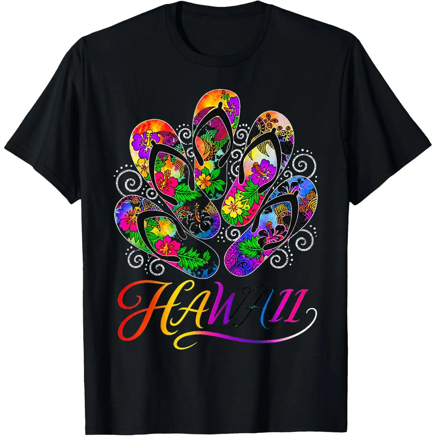 100%cotton Colorful Floral Flip-Flops Design with Hawaii Theme T-Shirt