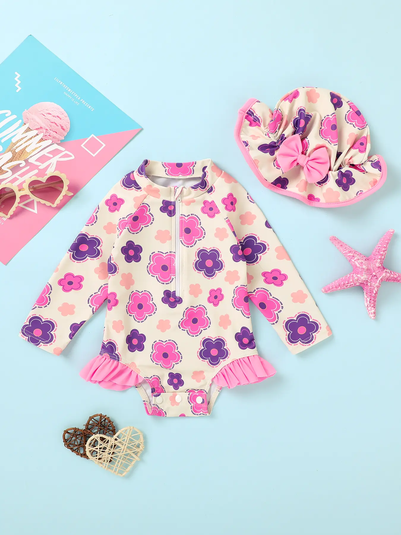 Baby girl swimsuit one-piece long sleeved sunscreen suit with hat set zipper swimsuit cute flower beach outfit