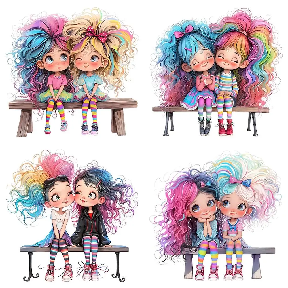 Cartoon Best Friends Pattern Iron-on Transfer Sticker, 4 Counts/set Colorful Lovely Characters for DIY T-shirts & Backpacks, Durable PVC Material, Crafts, Craft Embellishments, DIY Products, Craft Supplies