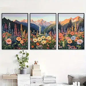 Boho Style Flower & Mountain Pattern Unframed Painting, 3 Counts/set Canvas Wall Art, Wall Decor for Home Living Room Bedroom, Ornaments