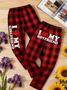"Trending LoveMatch Couples Matching Red Black Buffalo Plaid Pajama Pants 'I Love My Girlfriend' 'I Love My Boyfriend' Cute Heart Graphic Print Elastic Waist Soft Lightweight Breathable Comfy Sleepwear Loungewear Bottoms for Valentines Day Anniversary Cou