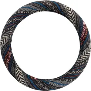 Universal 15inch Ethnic Style Baja Blanket Steering Wheel Cover with Coarse Flax Cloth and  Absorption Anti Slip  Wrap (Boho Dark)