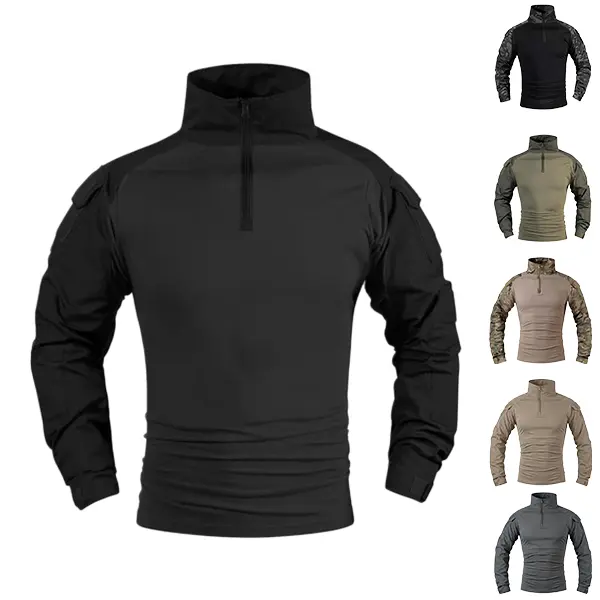 Men’s half-zip stand collar tactical long-sleeve T-shirt – arm pockets, abrasion-resistant combat top suitable for outdoor exploration, tactical training, mountaineering/hiking, and everyday workwear styling