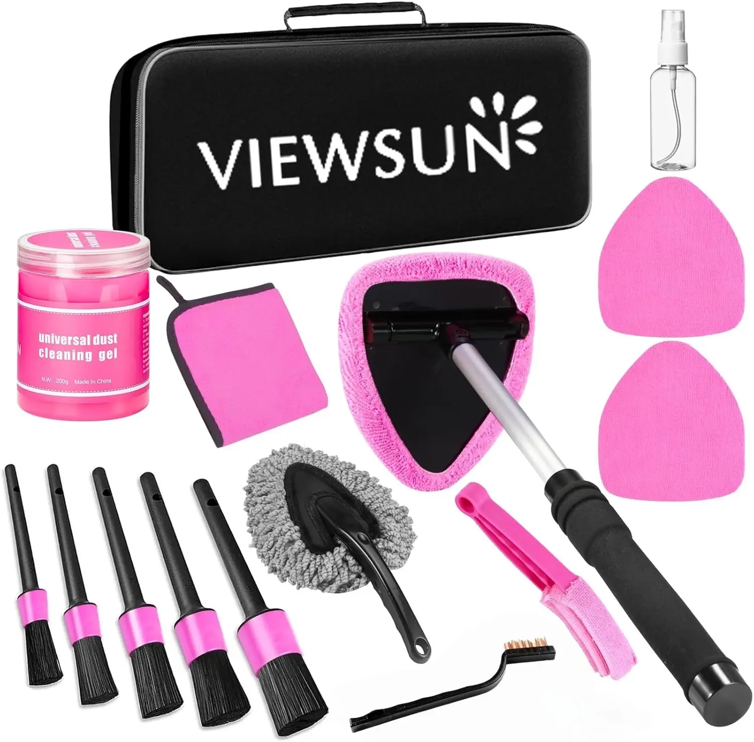 【summerfinds】Viewsun Windshield Cleaner Tool, 17Pcs Pink Car Interior Cleaning Kit, Detailing Kit Cleaner, Detailing Brush, Cleaning Gel, Inside Cleaning Supplies Accessories for Women Girl Gift，Summervibes