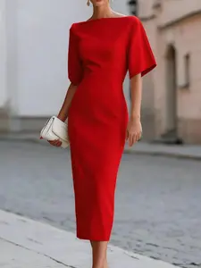 Elegant Chic Boat Neck Fitted Midi Dress, Tailored Cutout Design, Flowing Fabric, Perfect for Wedding Guests, Exudes Graceful Demeanor