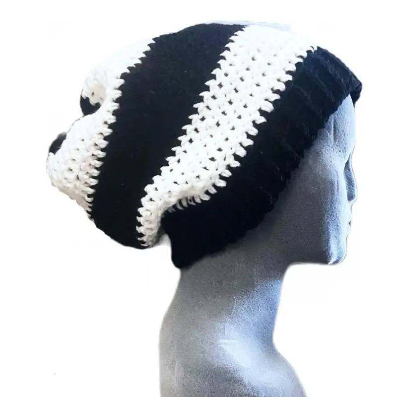 Hat Stripes Black White Beanie Goth Boho Beetlejuice Tim Burton Wednesday Handmade
