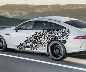 Black - White - or Custom Color Hand Drawn Doodles Street Styled UV Professional Quality Laminated Car Wrap Decal 2 Piece Mirrored Set