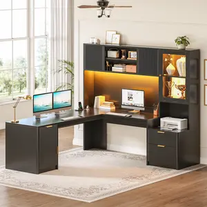 SEDETA 67 Inch L Shaped Desk with Hutch RGB LED Corner Computer Desk with Power Outlets Fluted Home Office Desk with File Drawer Storage Cabinet Glass Display Cabinet