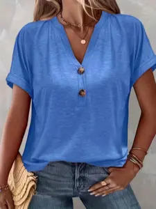 Women's Solid Color Button Neck Short Fitted Fashion Minimalist T-Shirt, Casual Aesthetic Stylish Top for Daily Wear, Comfortable and Trendy Design