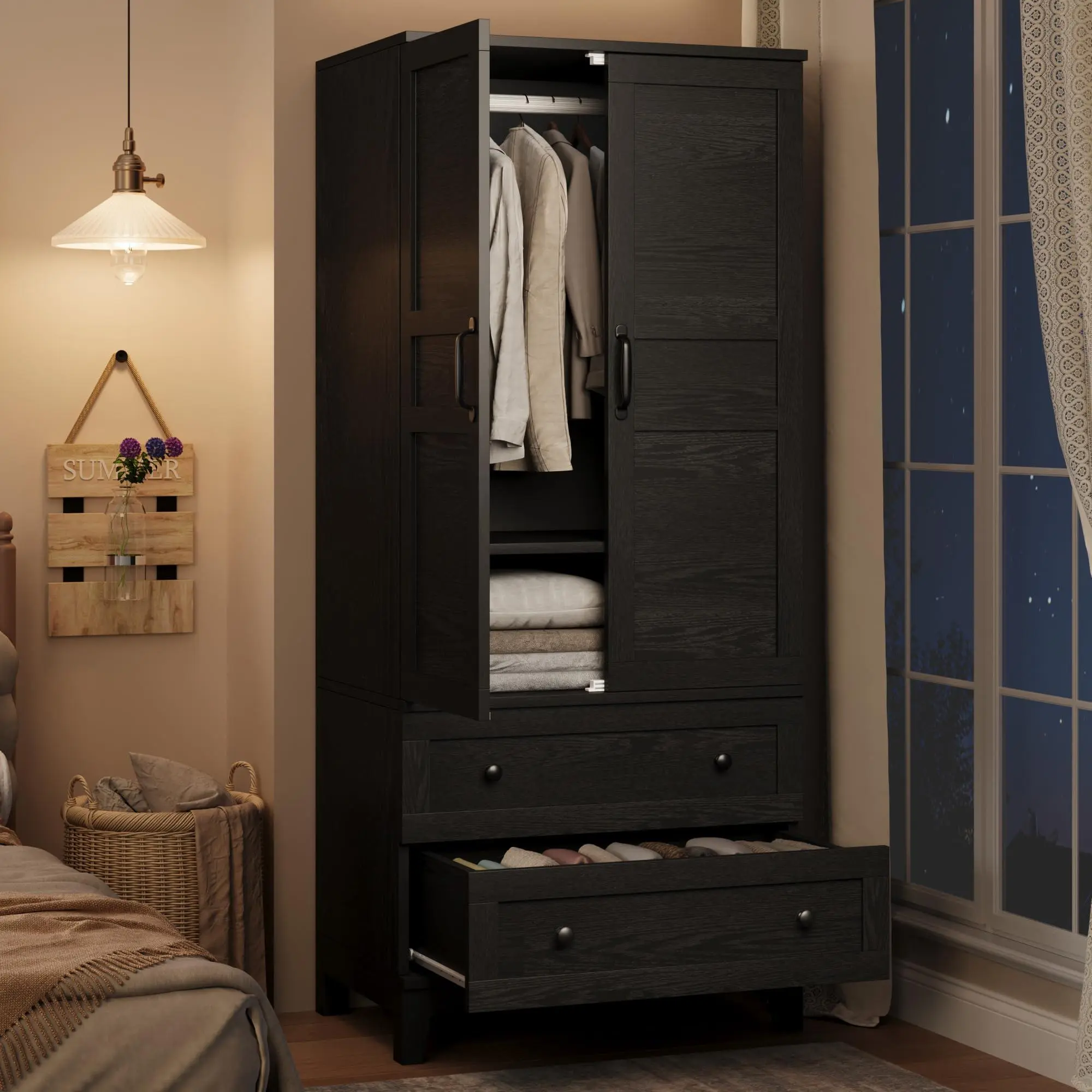 Armoire Wardrobe Closet with 2 Drawers,72 in Wooden Wardrobe Cabinet with Hanging Rod, Tall Clothing Armoire Cabinet with Doors and 18 Adjustable Shelves for Bedroom, Clothes, Black