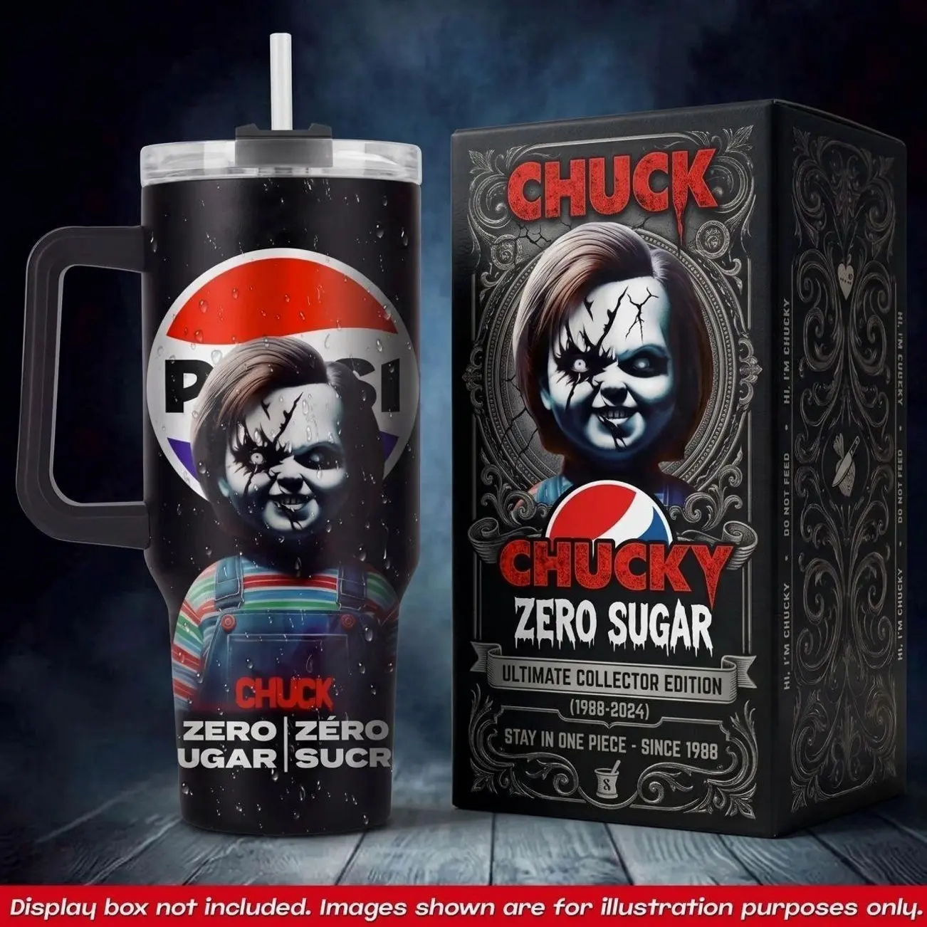 Chucky Pepsi 40oz Tumbler With Handle No Box, Zero Sugar Zero Sucre Travel Mug, Killer Doll Good Guy Insulated Cup, Horror Movie Soda Drinkware, Halloween Stainless Steel Coffee Water Tumbler, Ultimate Collector Edition Spooky Gifts