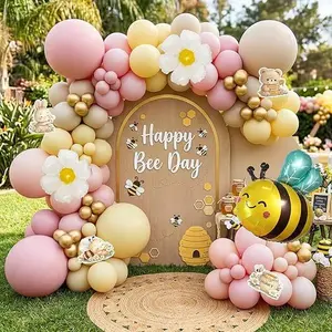 Bee Balloon Arch Kit, Pastel Pink Yellow Sand White Gold Balloon Garland with Bee and Daisy Balloons, for Bee Baby Shower Decoration, First Bee Day Birthday Party, Bee Party Decorations