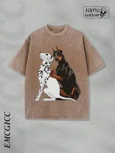 Vintage Dog Graphic T-Shirt, Washed Cotton Oversized Short Sleeve Tee, Funny Doberman & Dalmatian Pet Print Casual Crewneck Shirt for Dog Lovers