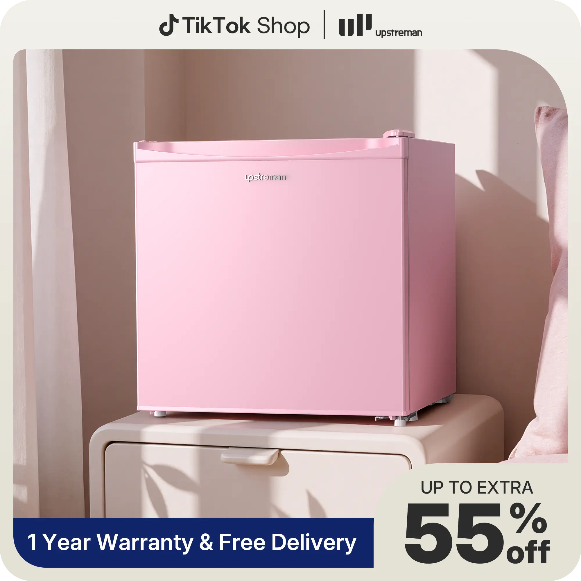 Upstreman 1.7 Cu.ft Mini Fridge with Freezer, Small Refrigerator for Bedroom, Dorm Essentials, Room Appliances, Mini Portable Fridge, Mini Refrigerator, Deep Freezer, Pink Fridge FR17