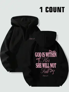 Women's Loose Fit Zip Hoodie with Bow Print, Drop Shoulder Design, Long Sleeve, Casual Fashion for Spring & Fall, Sweatshirts