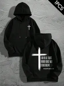 Men's Cross Graphic Letter Print Hoodie, Casual Fitted Design, Autumn Winter Wear, Comfortable & Stylish Casual Streetwear Fashion Sweatshirt for Daily Use, Casual Hooded Sweatshirt, Hoodie Letter Logo
