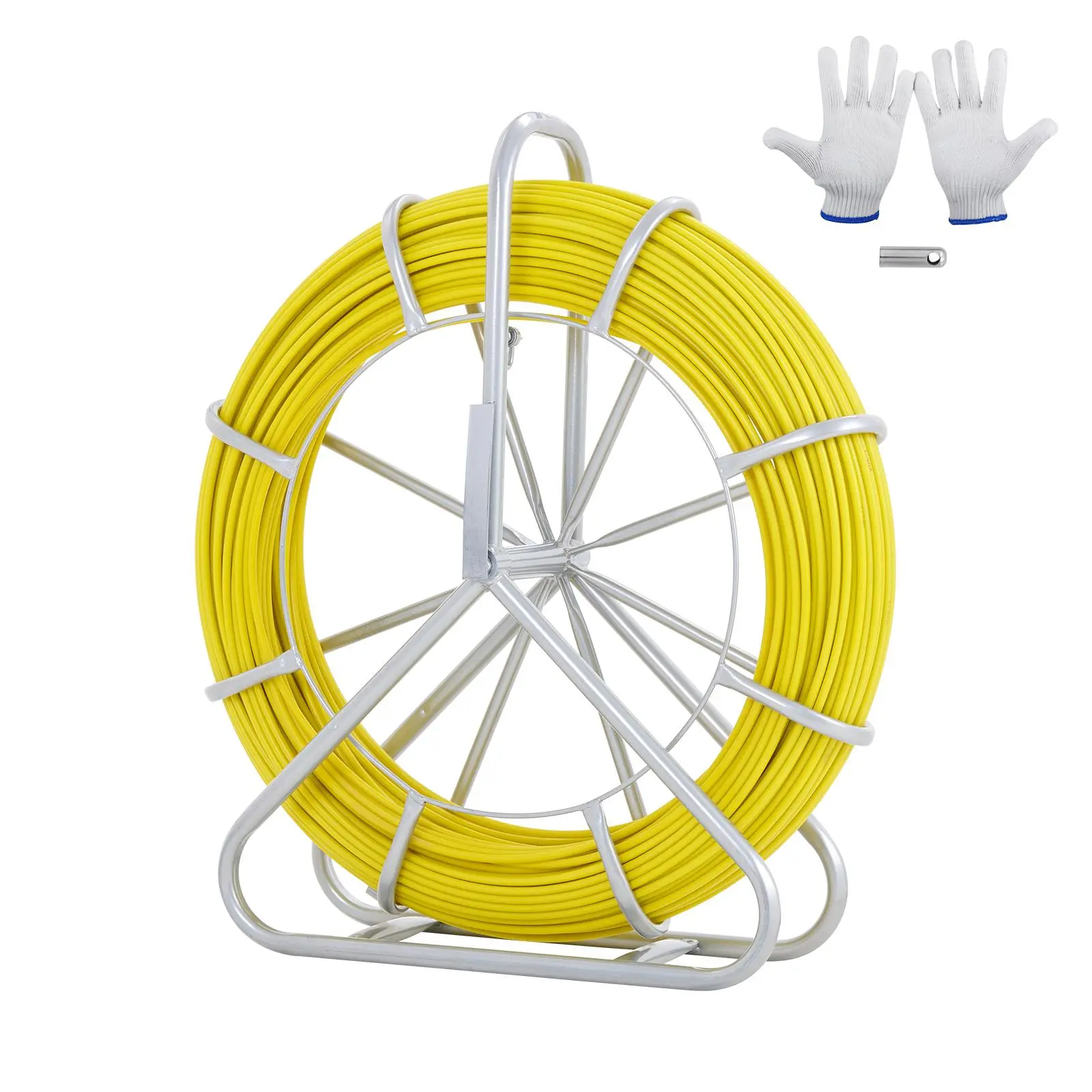 VEVOR Fiberglass Fishing Tape Reeled Set, 656 ft x 1/4 in Non-Conductive Duct Rodder Wire Puller, ABS Cable Running Rod with Steel Reel Stand, 3 Pulling Heads, Aging-Resistant Tool for Walls, Electrical Conduit, Utility Install
