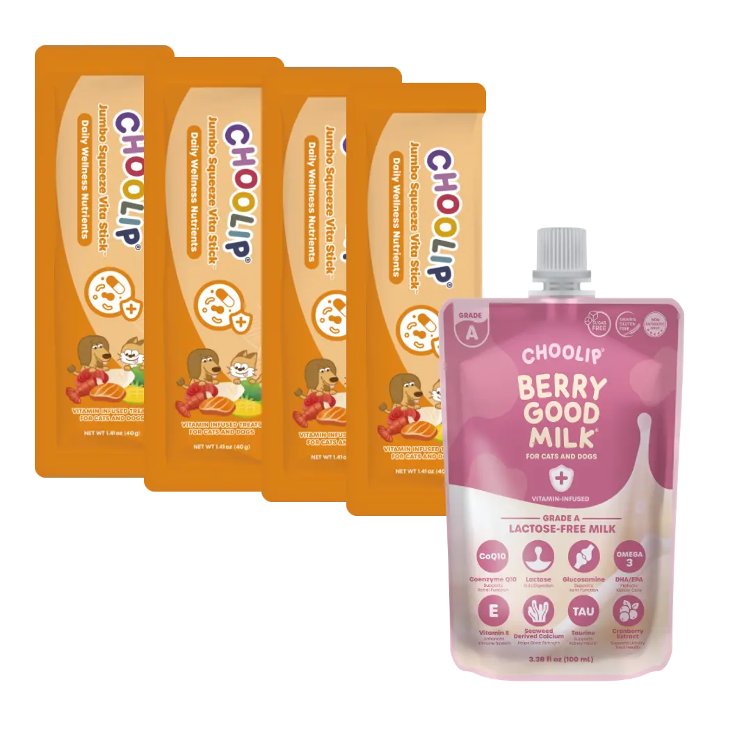 Choolip Lickable Dog & Cat Multivitamin Health Supplements - 4 Jumbo Squeeze Snack Sticks, 100ml Berry Good Milk, Gluten-Free Canine Nutritional Supplement for Daily Wellness, Energy Boost, Multivit Support, Picky Eater Help