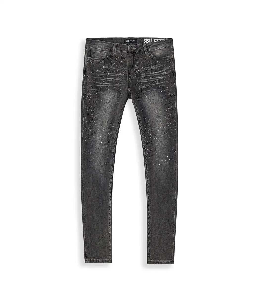 Men's Rhinestone Jeans Pants in Dark Grey, Skinny Fit Stretch Denim, Casual Streetwear Clothes for Menswear, Skinny Denim Jeans, Chic Retro, Slim-Fitting, Trouser, Pure Cotton
