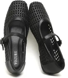 Womens Woven Ballet Flats Mesh Mary Jane Shoes Dressy Squared Toe Comfortable Buckle Strap Casual Leather Flats for Women