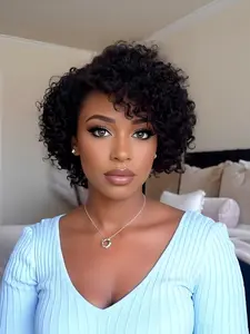 curly wave human hair wig short curly human hair wig daily party use black color for women pixie wig 13X4 frontal lace pixie cut human hair wig