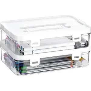 BTSKY 2 Pack Clear Plastic Storage Box with Handle & Flap Lid, Portable Craft Organizers and Storage Box Art Supply Storage Organizer Multipurpose Plastic Sewing Box for Beads Pencils Sticky Notes