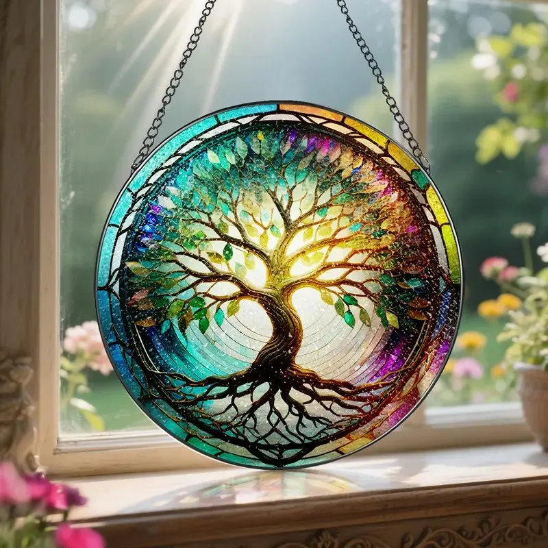 Boho Tree of Life Stained Glass Window Suncatcher Rainbow Colorful Acrylic Wall Hanging Decor Vibrant Treehouse Art Home Ornament Housewarming Gift Holiday Accent