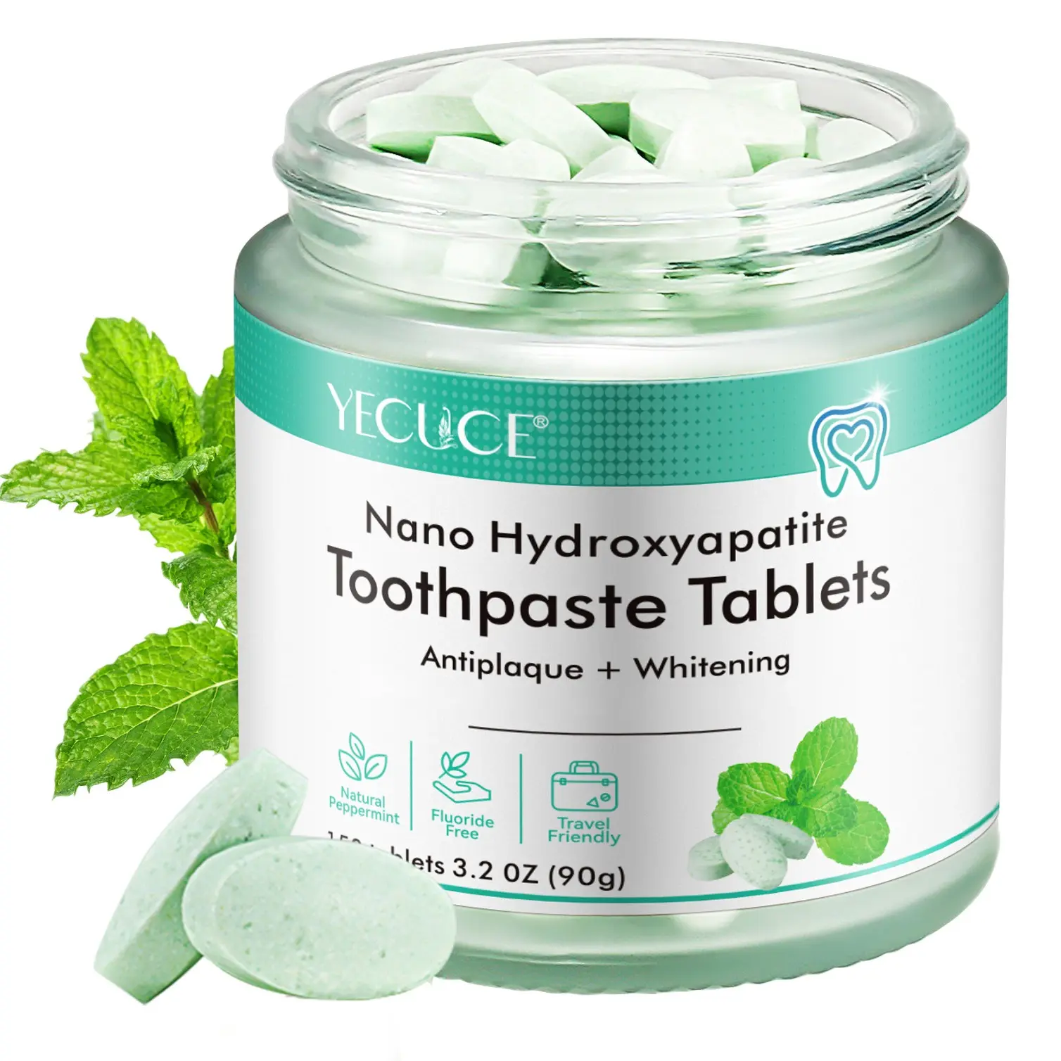 Yecuce Nano Hydroxyapatite Teeth Cleaning Tablets, Teeth Cleaner, Convenient Solid Form, 150 Pieces Per Box, Natural Mint Flavor, Premium Dental Care, Fresh Breath, Home Travel Essential
