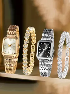 A set of 4 fashionable ladies' watches, trendy luxurious heart-shaped chains, regal quartz watches, retro rectangular dials, comfortable gold watch straps, perfect for Easter or daily wear.