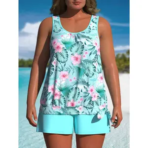 Plus size women's tankini set tank top & shorts sky blue floral print