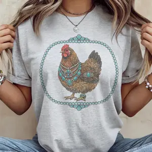 Western Chicken T-Shirt Turquoise Cowgirl Rooster Tee Boho Farm Shirt Country Girl Graphic Tee Cute Farm Animal Shirt Womens