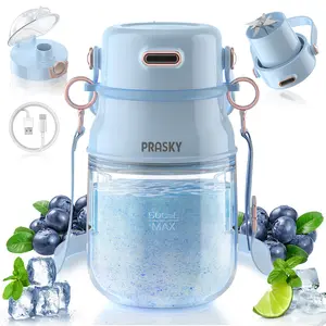 Prasky Portable Blender, Type-C Rechargeable blender, Mini Blender, Personal Blender for Fresh Juice, Smoothies & Protein Shakes with Extra Lid and Shoulder Strap, Dishwasher Safe Parts, Ideal for Gym/Travel/Kitchen/School/Driving Support Fast Charge