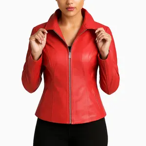 Dona Michi Women’s Genuine Leather Red Fashion Zipper Closure Jacket – Overstock Clearance Sale