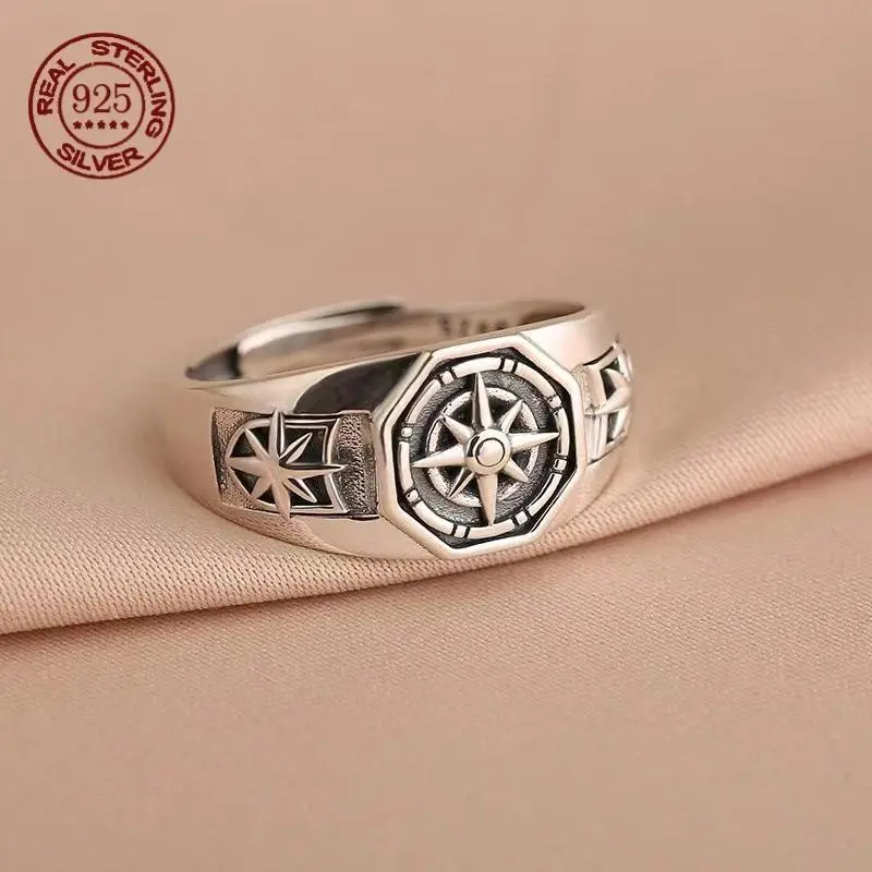 Women's S925 Sterling Silver Cute Female Metal Poseidon Star Compass Ring - Hypoallergenic Flexible Resizable Band, Index Fit, Casual Wear, Retro Hip-Hop Fashion Jewelry Gift for Adults