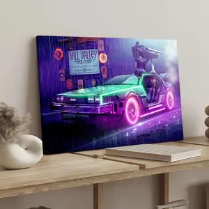 Neon-lit Time Machine Car Pattern Canvas Painting with Frame, Canvas Prints, 1 Count Modern Art Decoration, Wall Art for Home Living Room Bedroom Office, Bathroom Wall Art, Ornaments