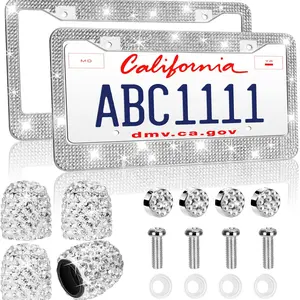 Bling Diamond License Plate Frames 2 Pack - Rhinestone Frames for Women, Stainless Steel Sparkly Car Plate Frame, Includes Bling Valve Stem Caps, Holder Fits U.S. Standard 2 Holes Model, Car Accessories