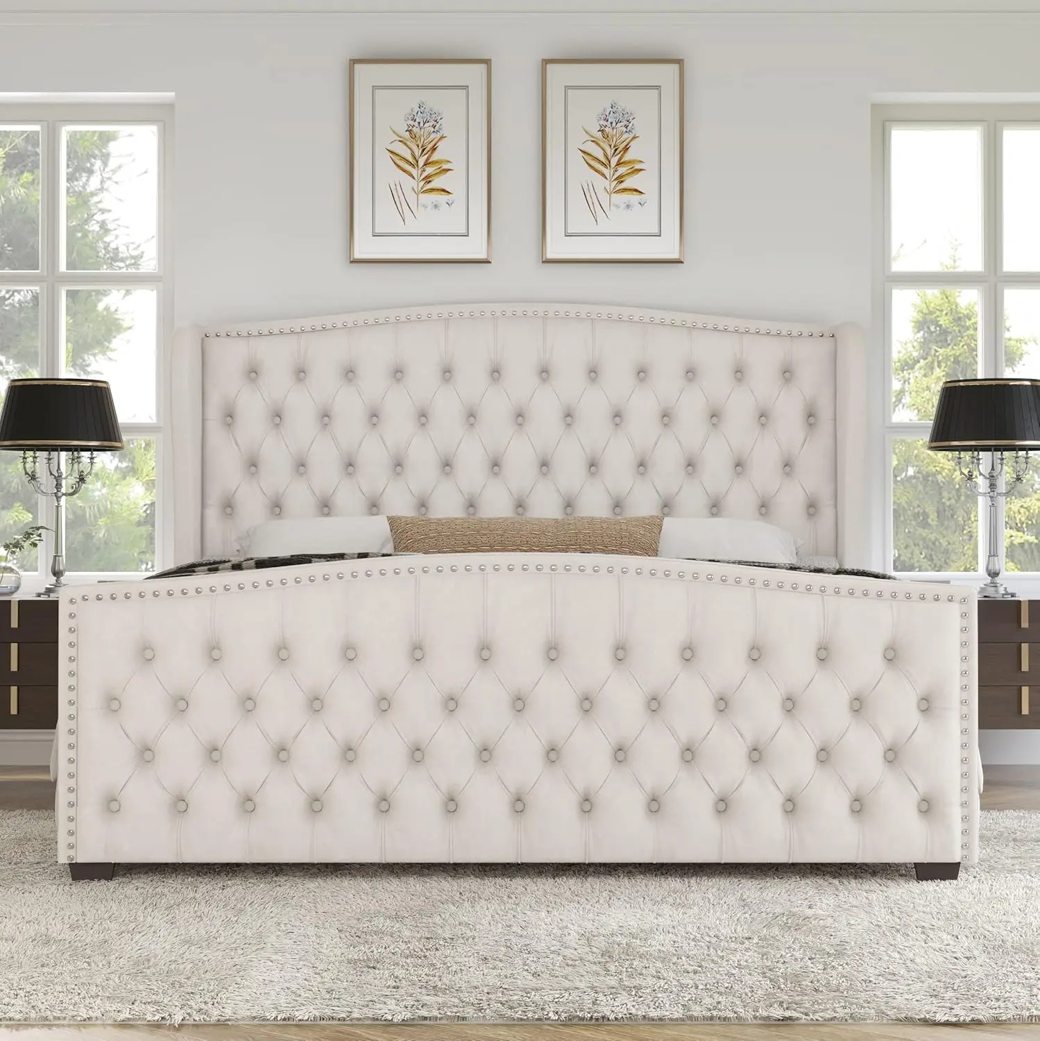 [Summerwins]AMERLIFE Platform Bed Frame, Upholstered Bed with Deep Button Tufted &Nailhead Trim Wingback Headboard/No Box Spring Needed/Christmas Gift, Sturdy Bed Frame, Bed Frames