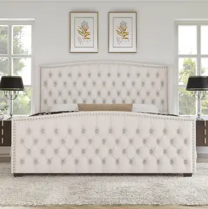 [SummerVibes]AMERLIFE Platform Bed Frame, Upholstered Bed with Deep Button Tufted &Nailhead Trim Wingback Headboard/No Box Spring Needed/Christmas Gift, Sturdy Bed Frame, Bed Frames